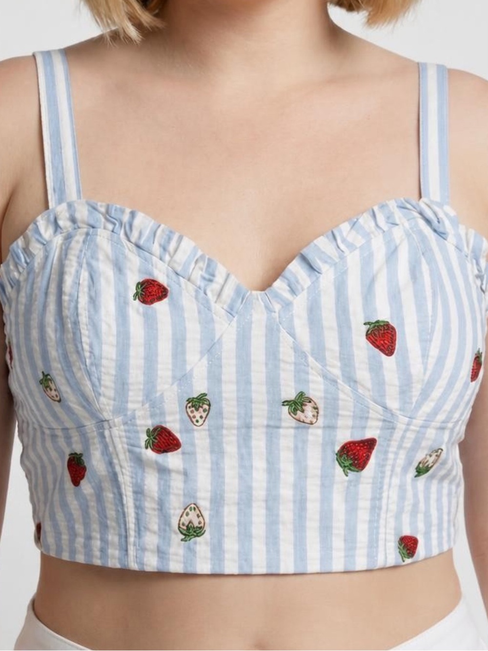 Anthropologie Maeve Blue & White Striped Strawberry Crop Top